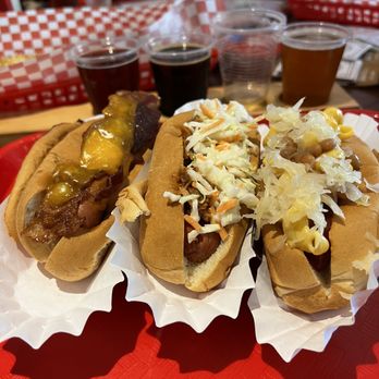 Naked Brewing - Bristol - three hotdogs with coleslaw and mustard - Brewpubs Near Me - Bristol, Pennsylvania Naked Brewing - Bristol - three hotdogs with coleslaw and mustard - Brewpubs Near Me - Bristol, Pennsylvania