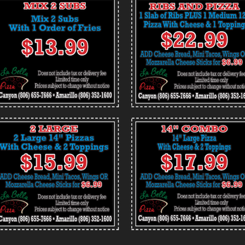 La Bella Pizza - Check out the bottom coupons - Pizza Near Me - Canyon, Texas La Bella Pizza - Check out the bottom coupons - Pizza Near Me - Canyon, Texas