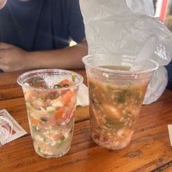Small cup: tostada de ceviche (to go) Big cup: cóctel Tostada de Pulpo y Camarón y pulpo (after I added salsa)