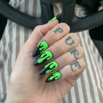 Dream Spa - Black acrylic with green gel polish - Nail Salons Near Me - Austin, Texas