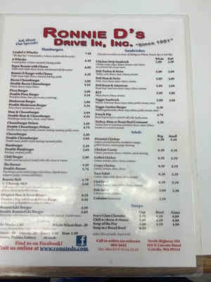 Menu photo 2 Ronnie D's Drive-In Colville, WA
