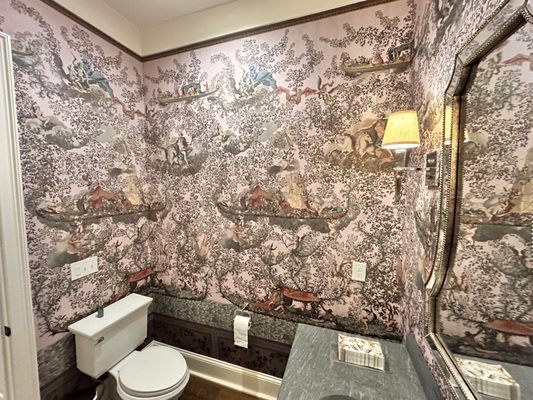 Half bath wallpaper in Brentwood estate (2025) - this beautiful custom wallpaper was installed by us in a gorgeous large home in Brentwood TN. This half bath for guests is now a stunning conversation starter Half bath wallpaper in Brentwood estate (2025) - this beautiful custom wallpaper was installed by us in a gorgeous large home in Brentwood TN. This half bath for guests is now a stunning conversation starter