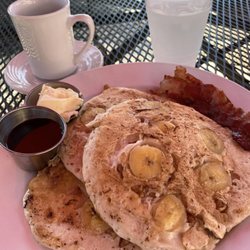 The Farm House Restaurant - Banana Walnut Pancakes with side of bacon
