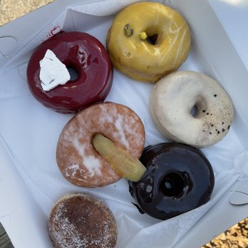 Fan-Fan Doughnuts - Mango Lassi, White Coffee, Raspberry, Vanilla Glaze, Double chocolate (?), Sufganiyot (strawberry jam filled) - Donuts Near Me - Brooklyn, New York