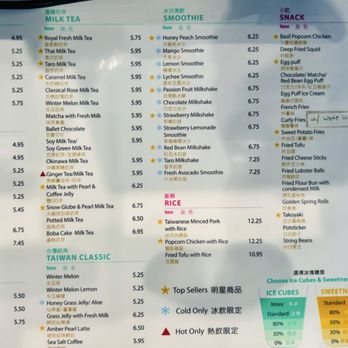 T4 - The menu board is divided into sections including Specialty, Milk Tea, Smoothie, Snack, Rice, and Ice Cubes. It lists various beverages such as Royal Fresh Milk Tea, Thai Milk Tea, Mango Smoothie, and Lychee Smoothie, along with snacks like Basil Popcorn Chicken and Egg Puff. Rice options include Taiwanese Minced Pork with Rice and Popcorn Chicken with Rice. The Ice Cubes section offers choices like Standard, 80%, 50%, and 30% sweetness levels. The board also features icons for ingredients and a note about topping options. - Bubble Tea Near Me - Keizer, Oregon