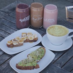 High Brow Coffee - Three organic smoothies, avocado toast, peanut butter banana toast and a housemaid tumerick chai latte
