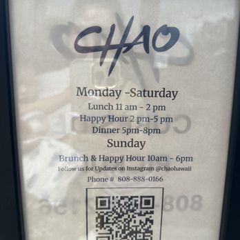 Chao - Hours of operation - Asian Fusion Near Me - Honolulu, Hawaii