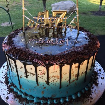 Blue Mountain Bistro-to-Go - Custom cake-showed them some vapor wave designs and voila! They know how to do ombre and gold flecks. The banner was us - New American Near Me - Kingston, New York