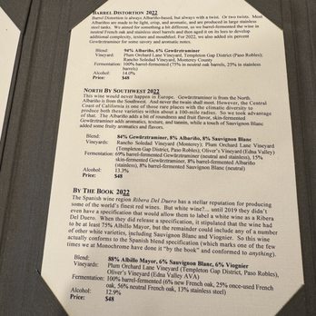 Monochrome Wines - Tasting menu December 2023 - Wine Tasting Room Near Me - Paso Robles, California