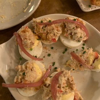 Prohibition Kitchen - Deviled eggs with lobster crab and pickled onion - Bars Near Me - St. Augustine, Florida Prohibition Kitchen - Deviled eggs with lobster crab and pickled onion - Bars Near Me - St. Augustine, Florida