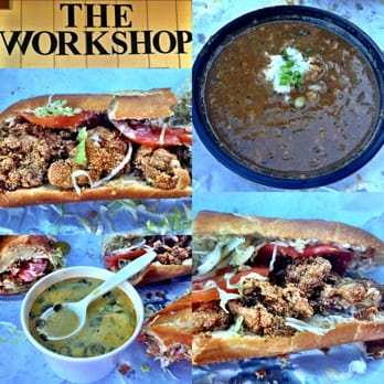 The Workshop - Clockwise from top left: Oyster Po' Boy, Seafood Gumbo, Catfish Po' Boy and Spinachoke with Oyster Mushrooms. - Cajun/Creole Near Me - Benicia, California The Workshop - Clockwise from top left: Oyster Po' Boy, Seafood Gumbo, Catfish Po' Boy and Spinachoke with Oyster Mushrooms. - Cajun/Creole Near Me - Benicia, California
