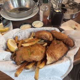 Newcastle Battered Fish 'n Chips  Finished Raw Oysters On The Half Shell & Garlic Sauteed Mussels