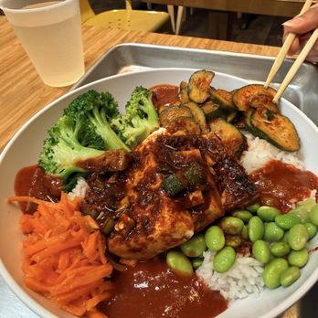Rice Bar - Rice bowl with spicy tofu, cucumber salad, veggies and hot sauce - Korean Near Me - Washington, DC, District of Columbia