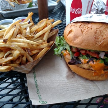 Burger Fresh - California Salmon Burger with fries - Hot Dogs Near Me - Brecksville, Ohio