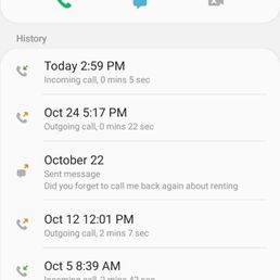 Call log - A phone call log showing incoming and outgoing calls on different dates, along with a message about renting.