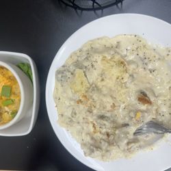 Boji Stone Cafe Coffeehouse & Bookstore - Biscuit and gravy (half order) with hash brown casserole
