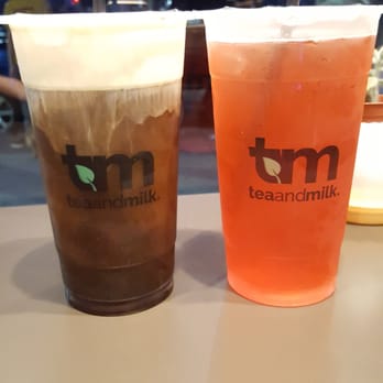 Tea and Milk - Freshly brewed coffee with signature cream to the left and Hibiscus Flower Peach White tea to the right. - Bubble Tea Near Me - Astoria, New York Tea and Milk - Freshly brewed coffee with signature cream to the left and Hibiscus Flower Peach White tea to the right. - Bubble Tea Near Me - Astoria, New York