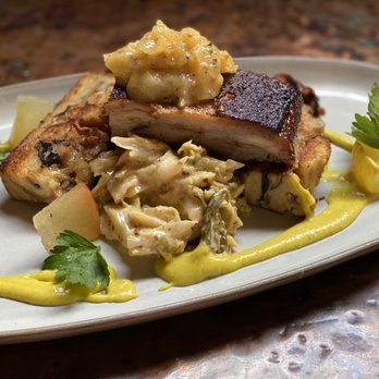 Pine Grove Hall - Braised Pork Belly |
Pan fried succulent pork belly with a savory mushroom bread pudding, mustard creamed cabbage & apple rosemary - Cocktail Bars Near Me - Pine Grove Mills, Pennsylvania Pine Grove Hall - Braised Pork Belly |
Pan fried succulent pork belly with a savory mushroom bread pudding, mustard creamed cabbage & apple rosemary - Cocktail Bars Near Me - Pine Grove Mills, Pennsylvania