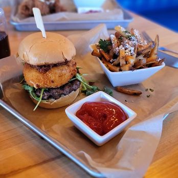 Scratch Kitchen and Taproom - Truffle Mac & Cheese Burger with Truffle Fries - American Near Me - Cary, North Carolina Scratch Kitchen and Taproom - Truffle Mac & Cheese Burger with Truffle Fries - American Near Me - Cary, North Carolina