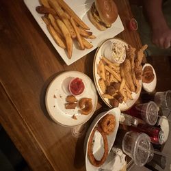 Hooker Grocer & Eatery - Catfish platter. onion rings and kids cheeseburger and fries.