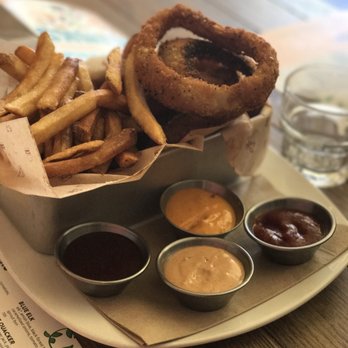 Bareburger - Short North - DO IT! Fries & Onion rings. And don't get me started on those awesome dipping sauces. They were done before the burgers came. - Burgers Near Me - Columbus, Ohio Bareburger - Short North - DO IT! Fries & Onion rings. And don't get me started on those awesome dipping sauces. They were done before the burgers came. - Burgers Near Me - Columbus, Ohio