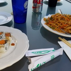 Sakura Sushi Bistro - Spicy salmon roll and house special spicy lo mein.