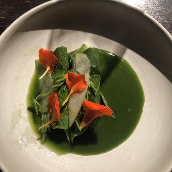 Choux - North Sea crab, with Granny Smith apple slices wrapped in nasturtium and nasturtium flowers. - Modern European Near Me - Amsterdam, New Hampshire