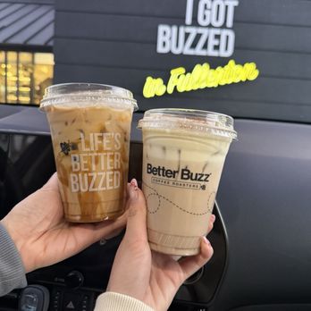 Better Buzz Coffee - Fullerton - Iced Caramel Vanilla Latte (Left) Hazelnut Divinity (Right) - Coffee & Tea Near Me - Fullerton, California