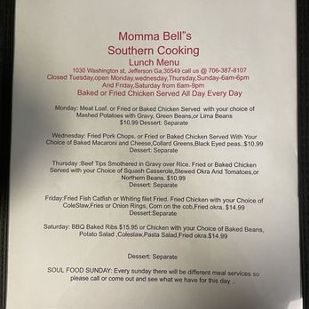 Momma Bells Southern Cooking - Menu - Sandwiches Near Me - Jefferson, Georgia