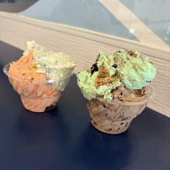 Handel's Homemade Ice Cream - Cotton candy, birthday cake, peanut butter brownie, green monster. Left is medium. Right is large. - Ice Cream & Frozen Yogurt Near Me - Bend, Oregon