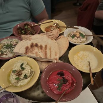 Dear Daphni - Mezzes (Smoked Beets, Eggplant, Hummus, Charred Peppers, Pistachio Mint, Taramasalata, Cucumber Salad) - Mediterranean Near Me - Philadelphia, Pennsylvania Dear Daphni - Mezzes (Smoked Beets, Eggplant, Hummus, Charred Peppers, Pistachio Mint, Taramasalata, Cucumber Salad) - Mediterranean Near Me - Philadelphia, Pennsylvania