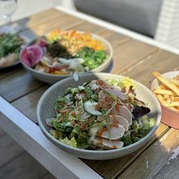 Superfood Salad, Tataki Salad, fries, mini wild mushroom forno pizza Superfood Salad, Tataki Salad, fries, mini wild mushroom forno pizza