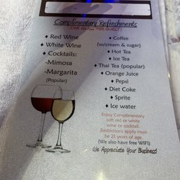 Complimentary drink with service. Complimentary drink with service.