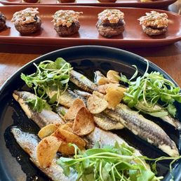 Croquetas de jamon, chorizo stuffed mushrooms, and the best boquerones (dressed perfectly!)