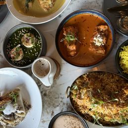 Entrees- Branzino, butter chicken, briyani, mushroom, saag