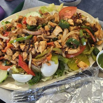 Avocado Burger - Mexican Chicken Salad with bell peppers jalapenos hard boiled eggs pickles and cucumber - Breakfast & Brunch Near Me - Ontario, California