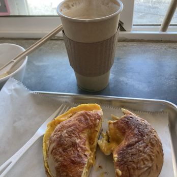 Chit-Chat Cafe - Egg and cheese bagel sandwich and vanilla latte - Coffee & Tea Near Me - Pacifica, California