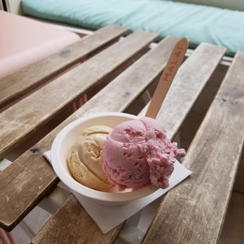Malai - Masala Chai (on bottom) and Rose with Cinnamon Roasted Almonds (on top) - Ice Cream & Frozen Yogurt Near Me - Brooklyn, New York