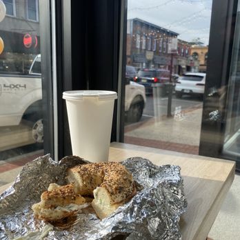 Bagel Oven - Everything bagel and scallion cream cream cheese + Afficionado Coffee - Bakeries Near Me - Red Bank, New Jersey