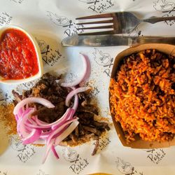 Posi's Kitchen - Beef suya and jollof rice--very enjoyable!