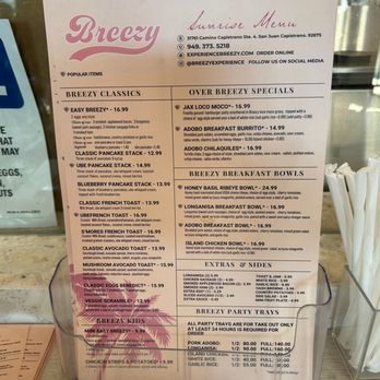 Breezy - Menu front (April 2025) - may change after reopening August 2025 - Breakfast & Brunch Near Me - San Juan Capistrano, California