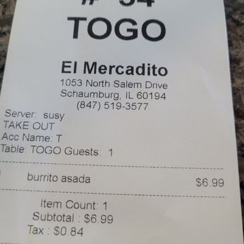 El Mercadito - a receipt for a restaurant - Grocery Near Me - Hoffman Estates, Illinois