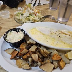 Delicious Lemon Pepper Cod, America Frys. Coleslaw. Tasty Salad Blue Cheese Dressing