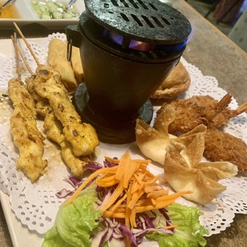 Cafe de Bangkok - Gilbert - 1. Combo Appetizers-Coconut shrimp, spring roll, chicken satay, chicken curry puffs & cream cheese wonton. - Thai Near Me - Gilbert, Arizona