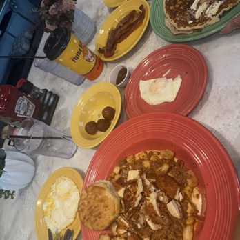 The Flying Biscuit Cafe - Hangover hash, pancakes w/ sausage and bacon, and appetizer (donut) - Breakfast & Brunch Near Me - Houston, Texas The Flying Biscuit Cafe - Hangover hash, pancakes w/ sausage and bacon, and appetizer (donut) - Breakfast & Brunch Near Me - Houston, Texas