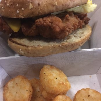 Chick-fil-A - A chicken bagel with cheese and tots. Don't get the cheese! Gotta still get pickles. Good chicken though - Fast Food Near Me - Atlanta, Georgia Chick-fil-A - A chicken bagel with cheese and tots. Don't get the cheese! Gotta still get pickles. Good chicken though - Fast Food Near Me - Atlanta, Georgia