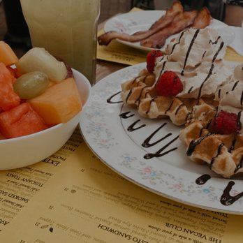 Cafe on 27 - Waffles, fruit bowl, bacon and mint cucumber lemonade. - Breakfast & Brunch Near Me - Topanga, California