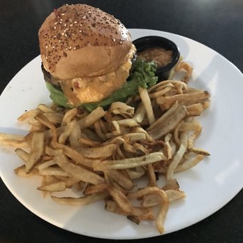 Local Goat - Pimento Cheese Cheeseburger* with the bacon jam on the side and Hand-Cut French Fries - New American Near Me - Pigeon Forge, Tennessee