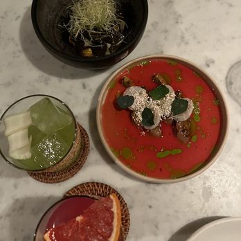 Quetzal - Top: Scallop ceviche; Middle left: No Heather, it's Heather's turn; Middle right: Dry aged amberjack aguachile; Bottom: Sin moda Mexicana - Mexican Near Me - Toronto, Ontario