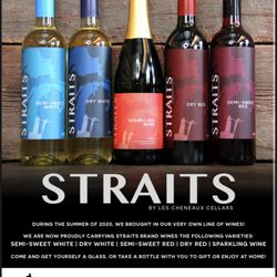 Les Cheneaux Distillers - The Tipper Room - STRAITS WINE:
Dry Red
Semi-Sweet Red
Dry White
Semi-Sweet White
Sparkling Wine (Brut)